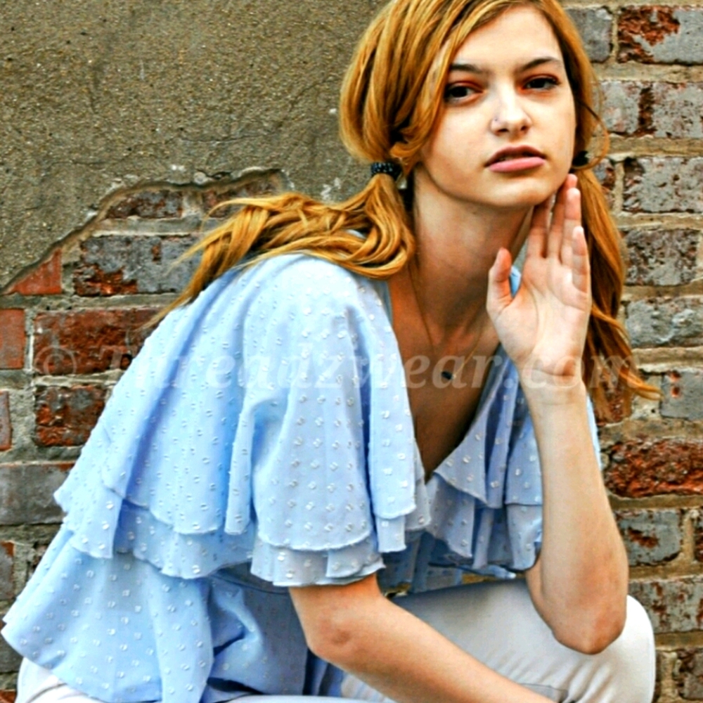 Ina ruffle swiss dot lace button front blouse blue Large
